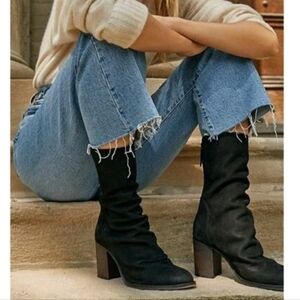 Free People Elle Slouch Mid Calf Boots Black Suede Block Heel 38 US 8